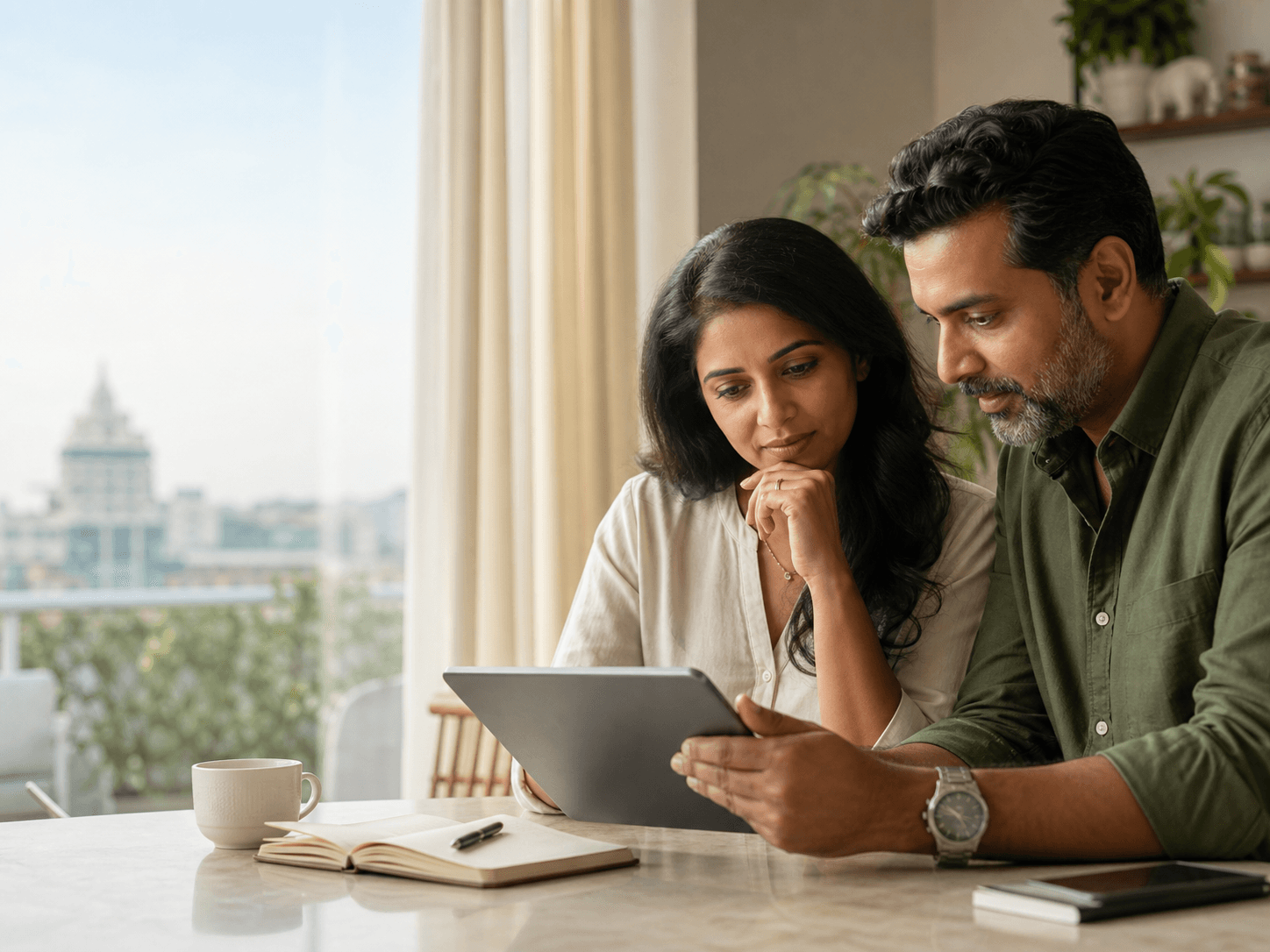 A couple calmly researching healthcare options together